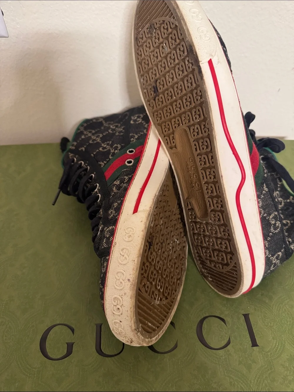 Gucci Black GG Canvas High-Top Sneakers with Green & Red Web